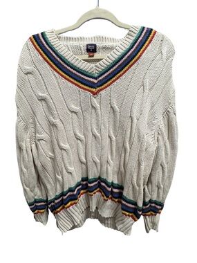 Rowing Blazers Collab with Target Cream Cable-Knit V-Neck Sweater Rainbow Trim